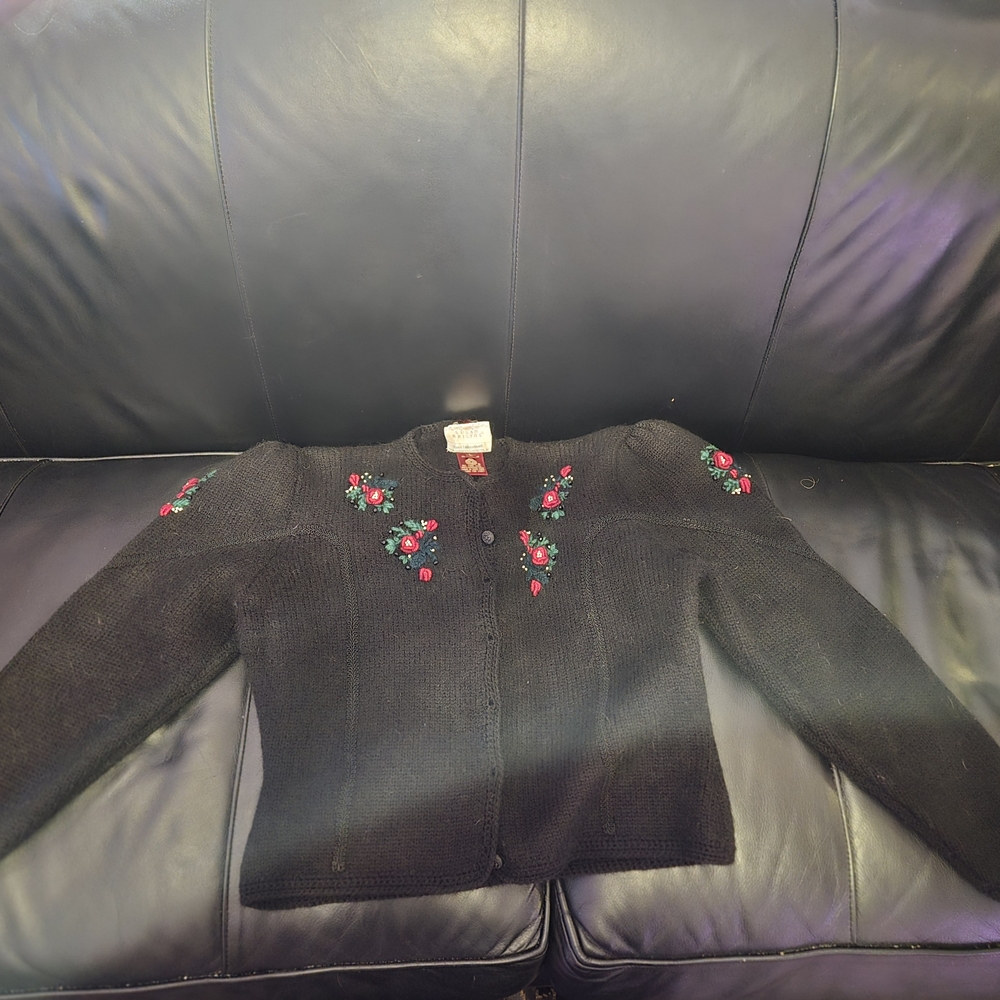 Black Cardigan with Floral Embroidery
